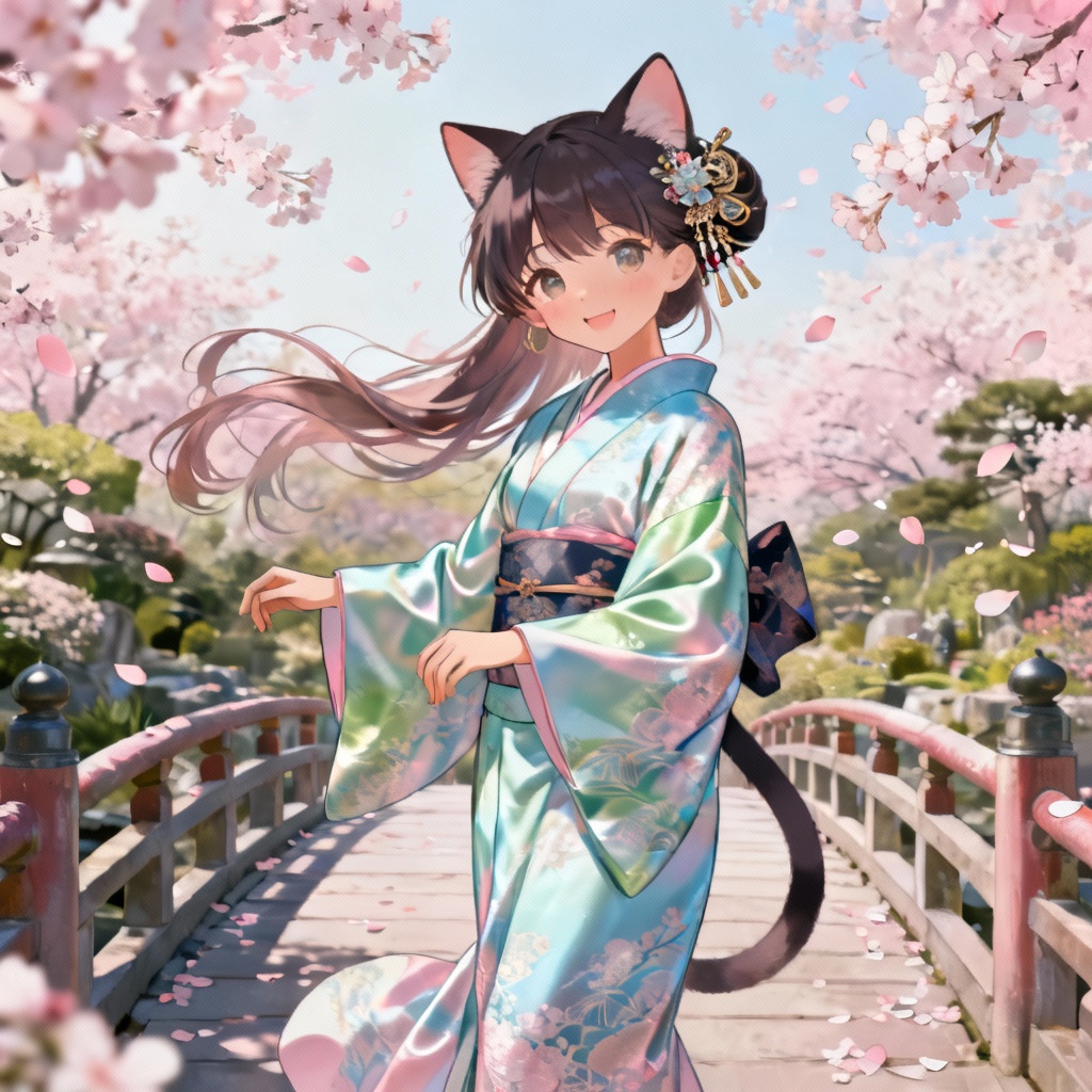 AI cat girl in a kimono under cherry blossoms