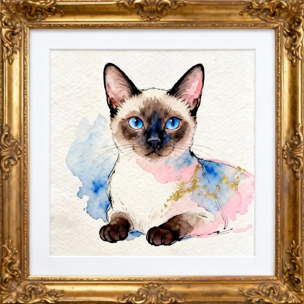 AI Siamese cat watercolor portrait on textured paper