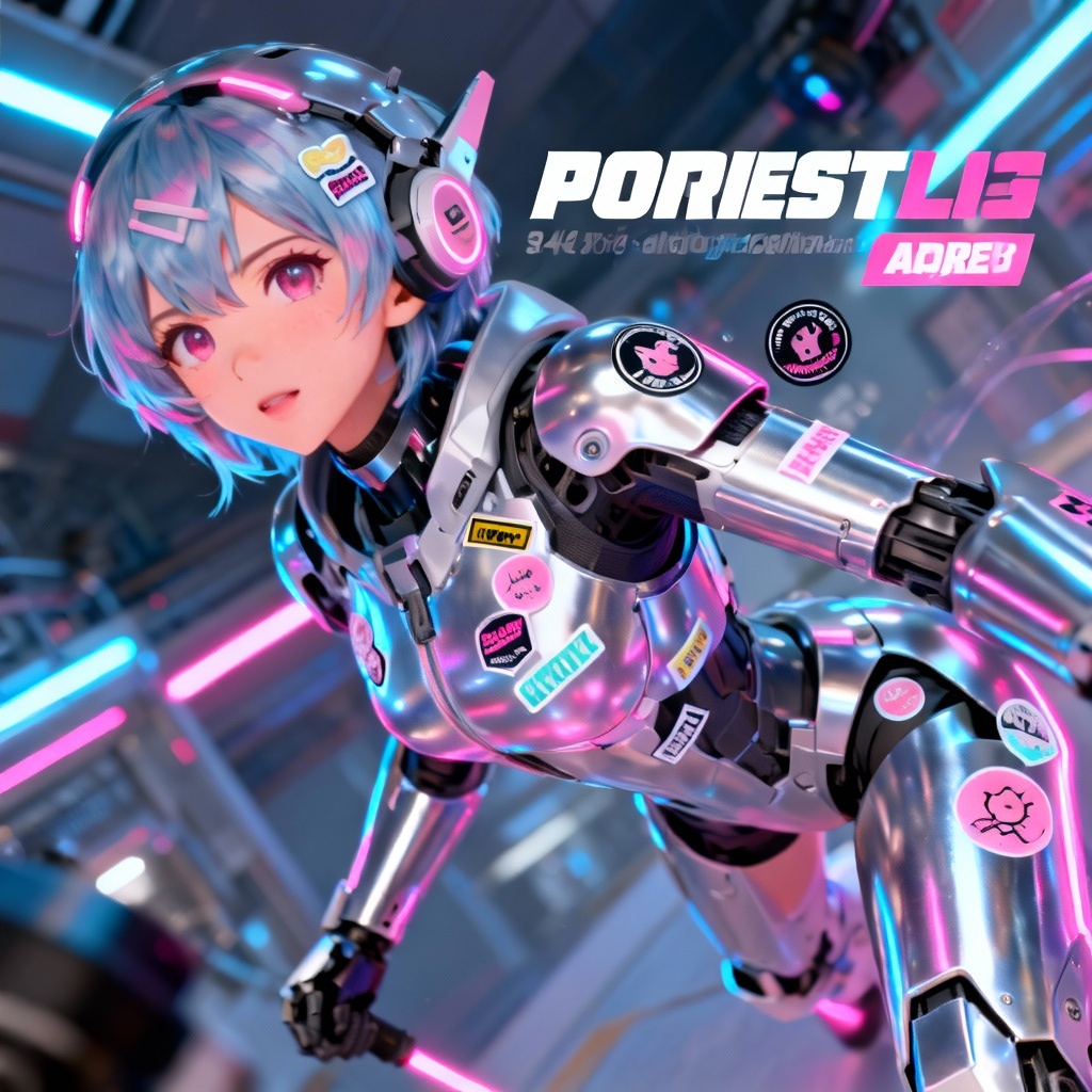 AI brainrot mecha VTuber with chrome and stickers