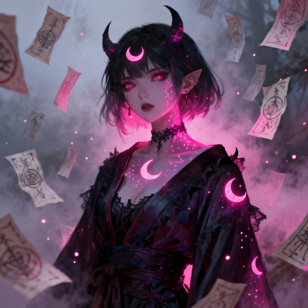 AI demon sorceress with glowing crescent patterns