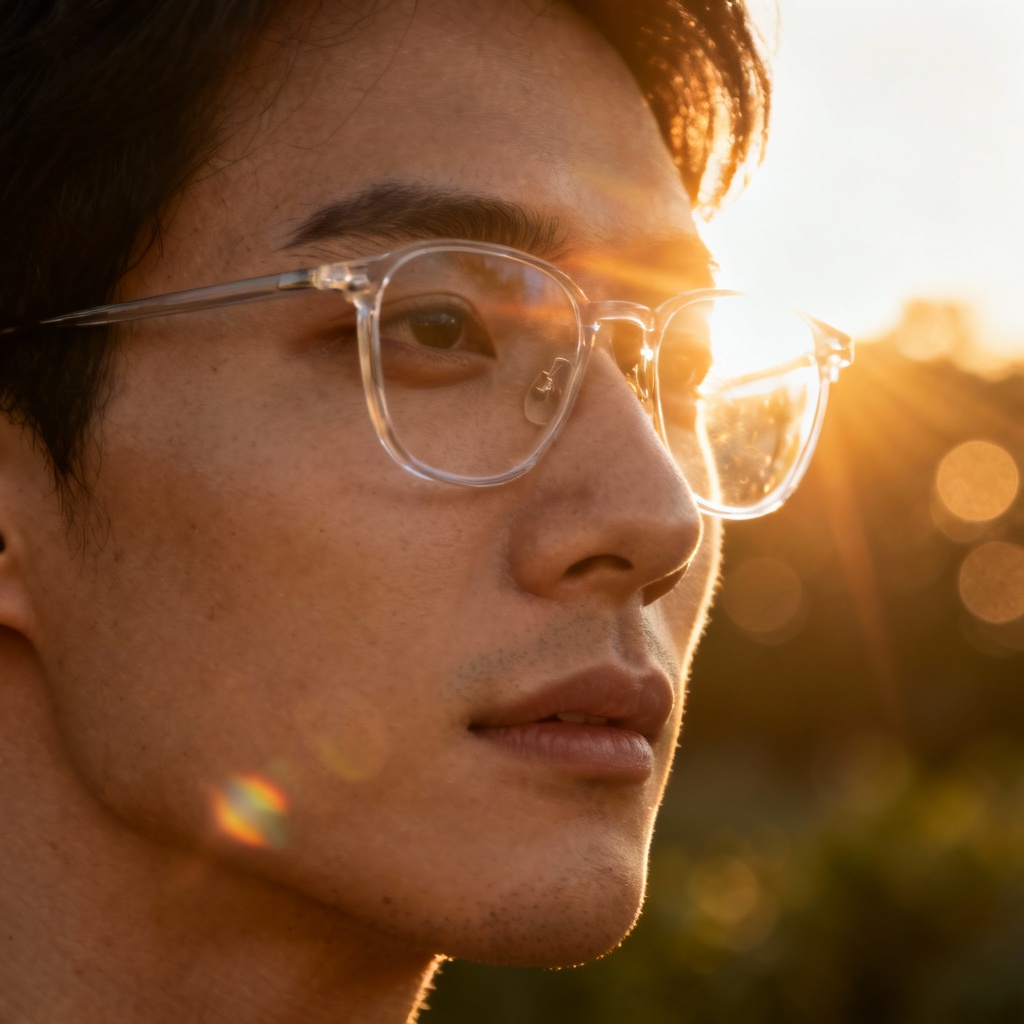 Outdoor portrait with sun glare removed from glasses