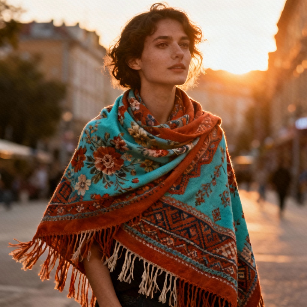 Bohemian pashmina with long fringe in street-style scene