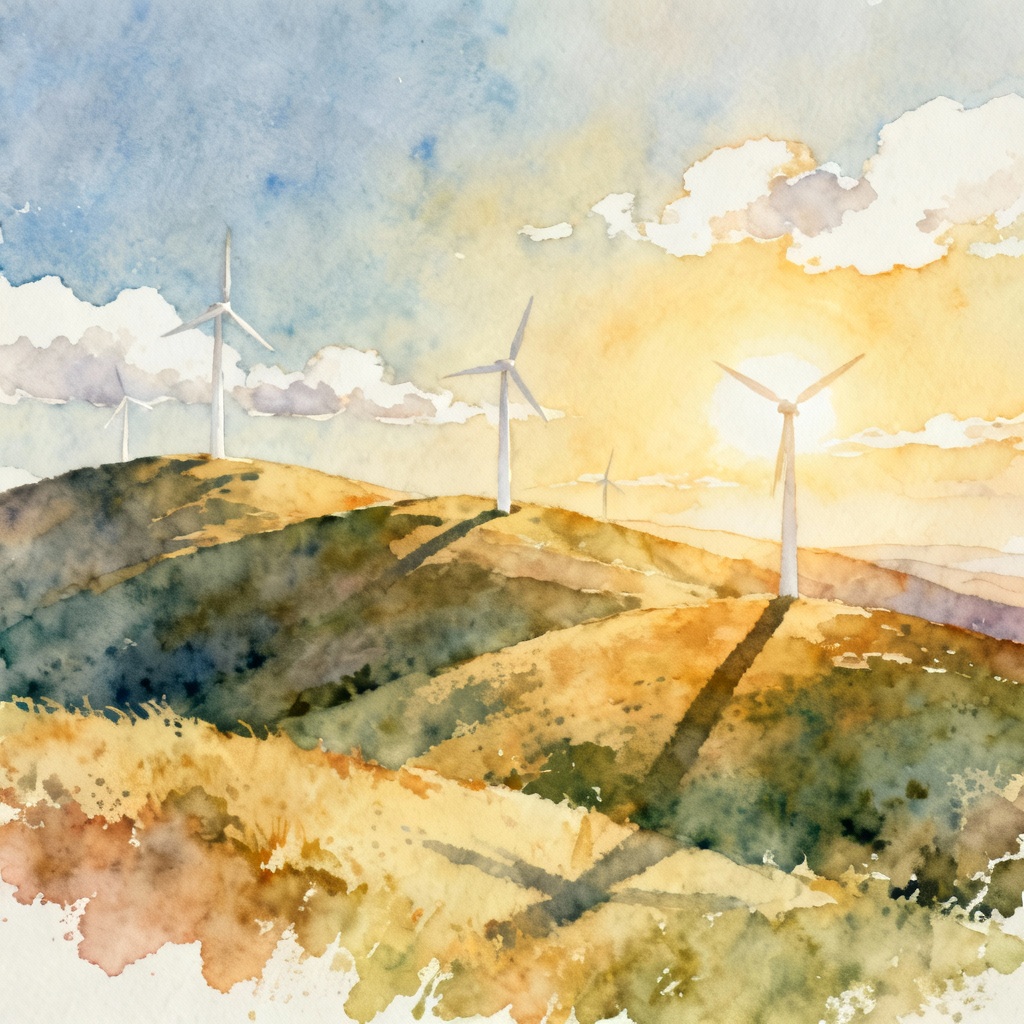 Watercolor landscape with wind turbines on hills