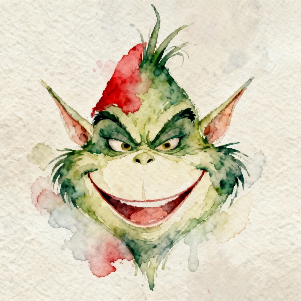 Watercolor Grinch portrait, soft festive mood