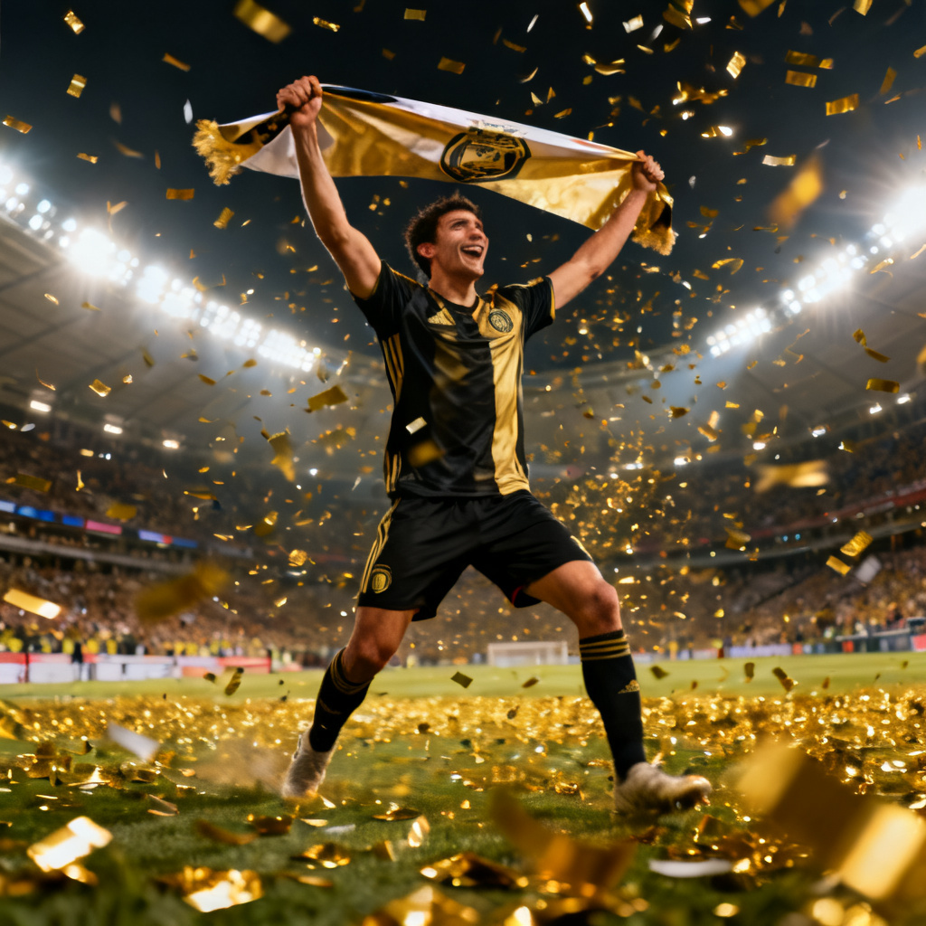 AI fan holding a banner with confetti and stadium lights