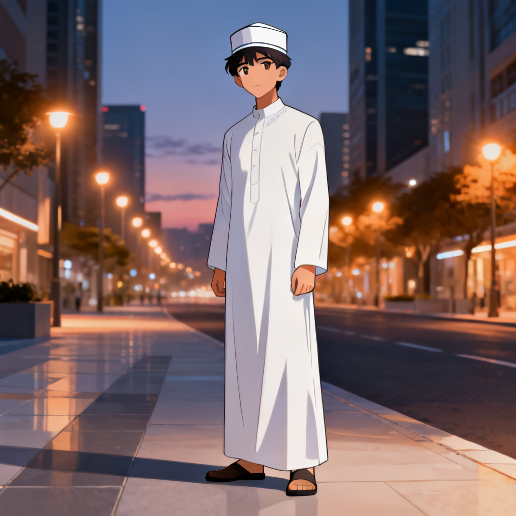 Anime male character in a white thobe and kufi on a modern street