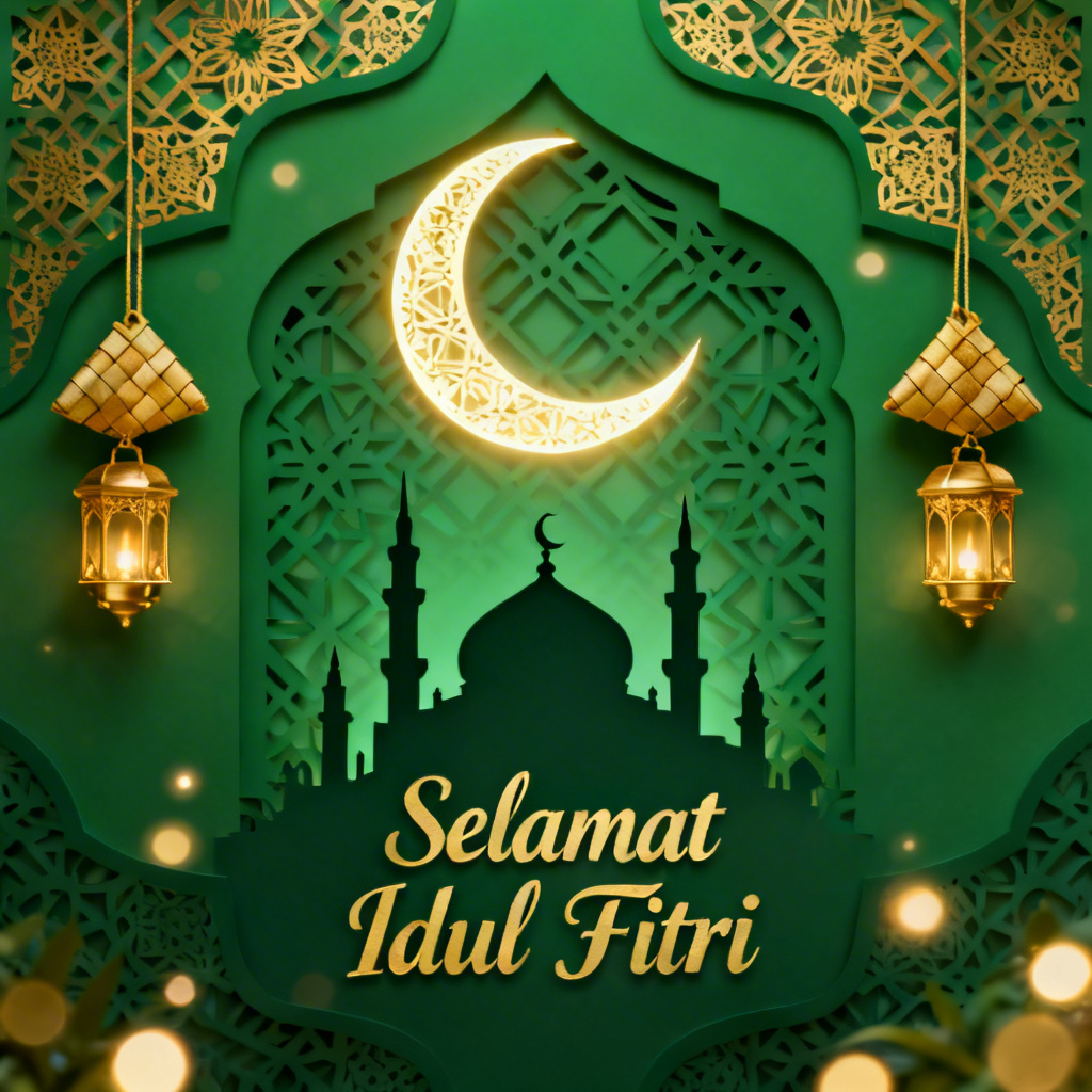 AI Lebaran greeting card with mosque, crescent and ketupat