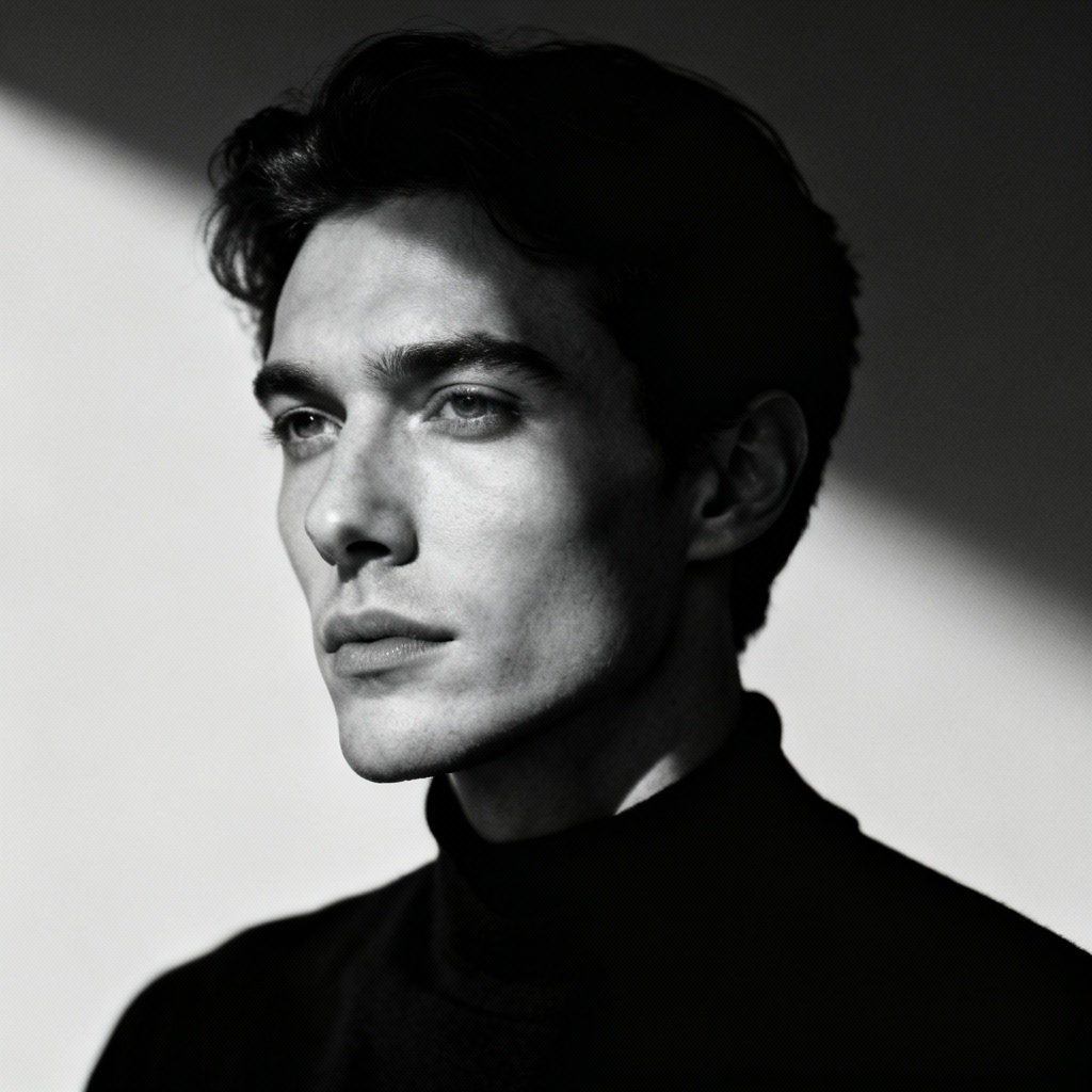 AI low-key black and white portrait with dramatic shadows