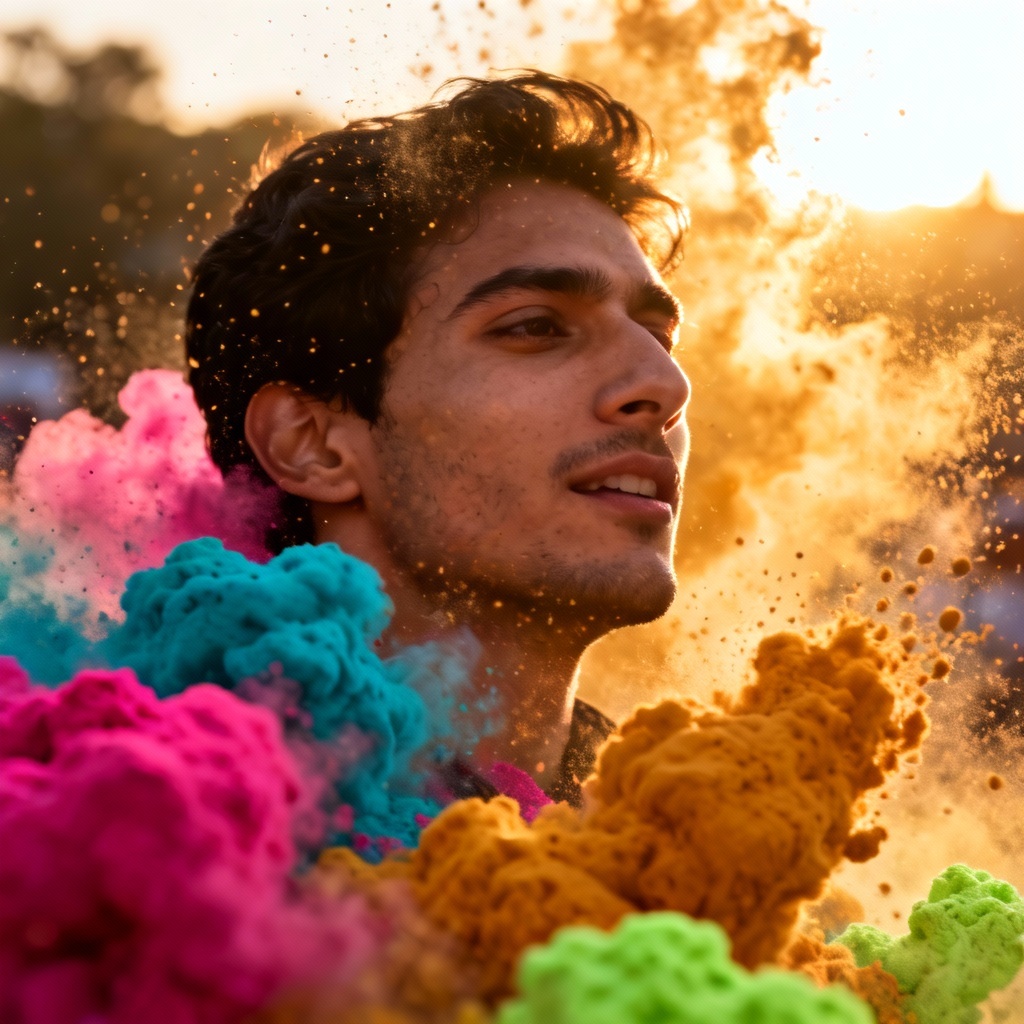 AI Holi color explosion portrait with vibrant gulal powder splash