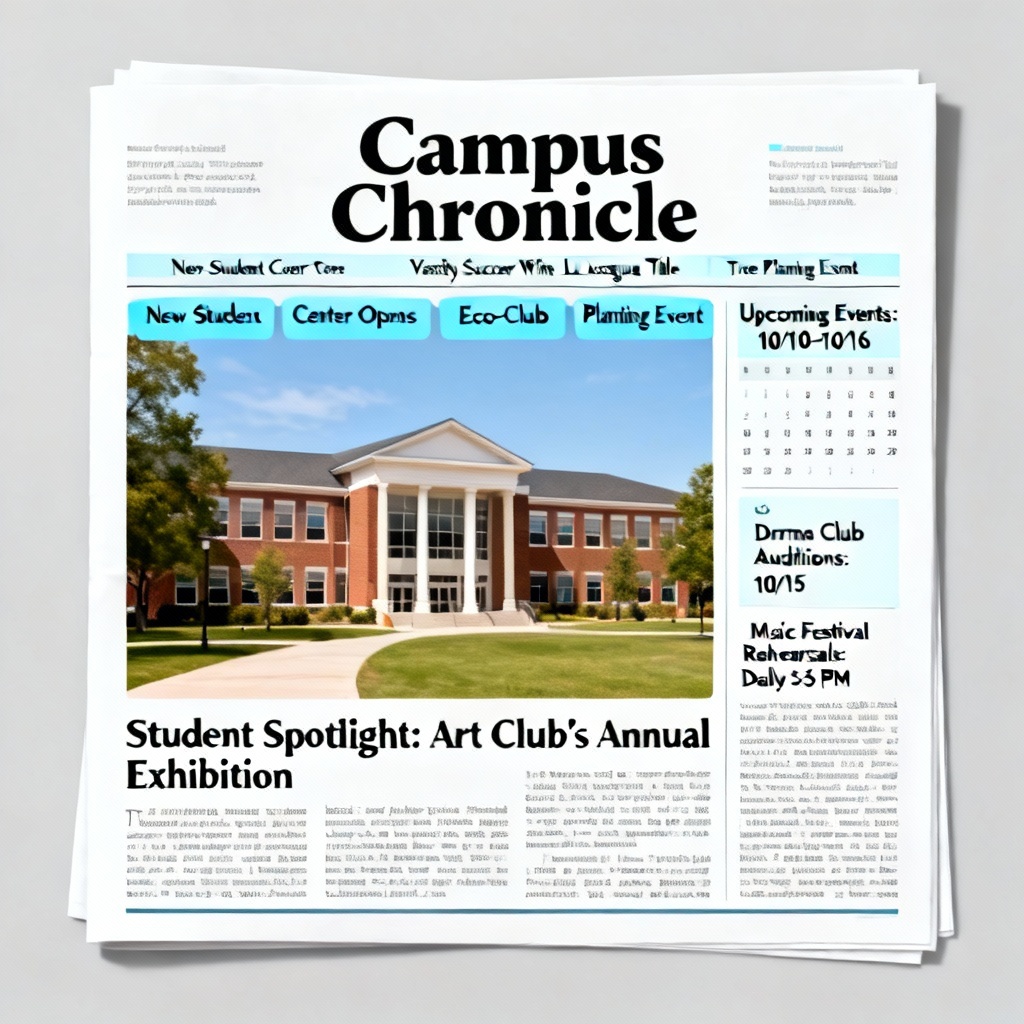 AI school newspaper layout with student photos and campus headlines