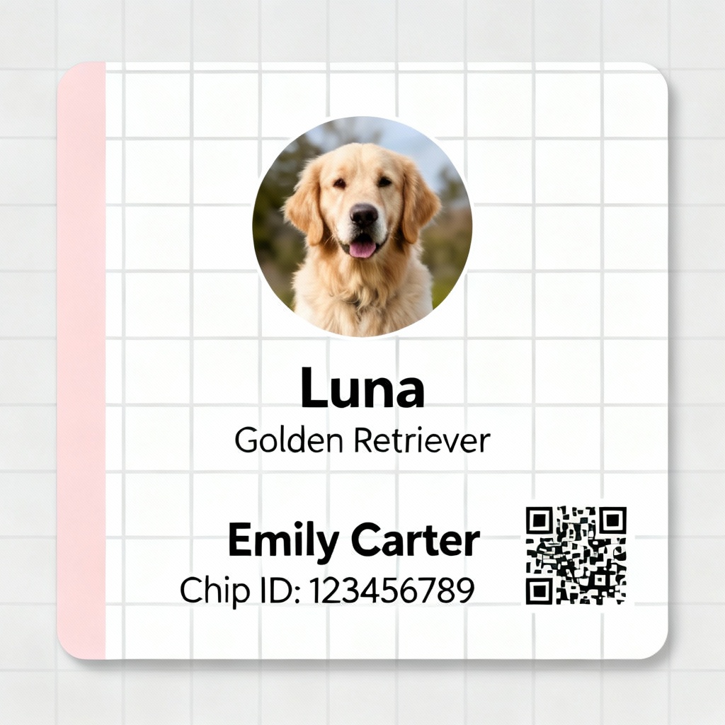 AI pet ID card with clean minimal layout and QR