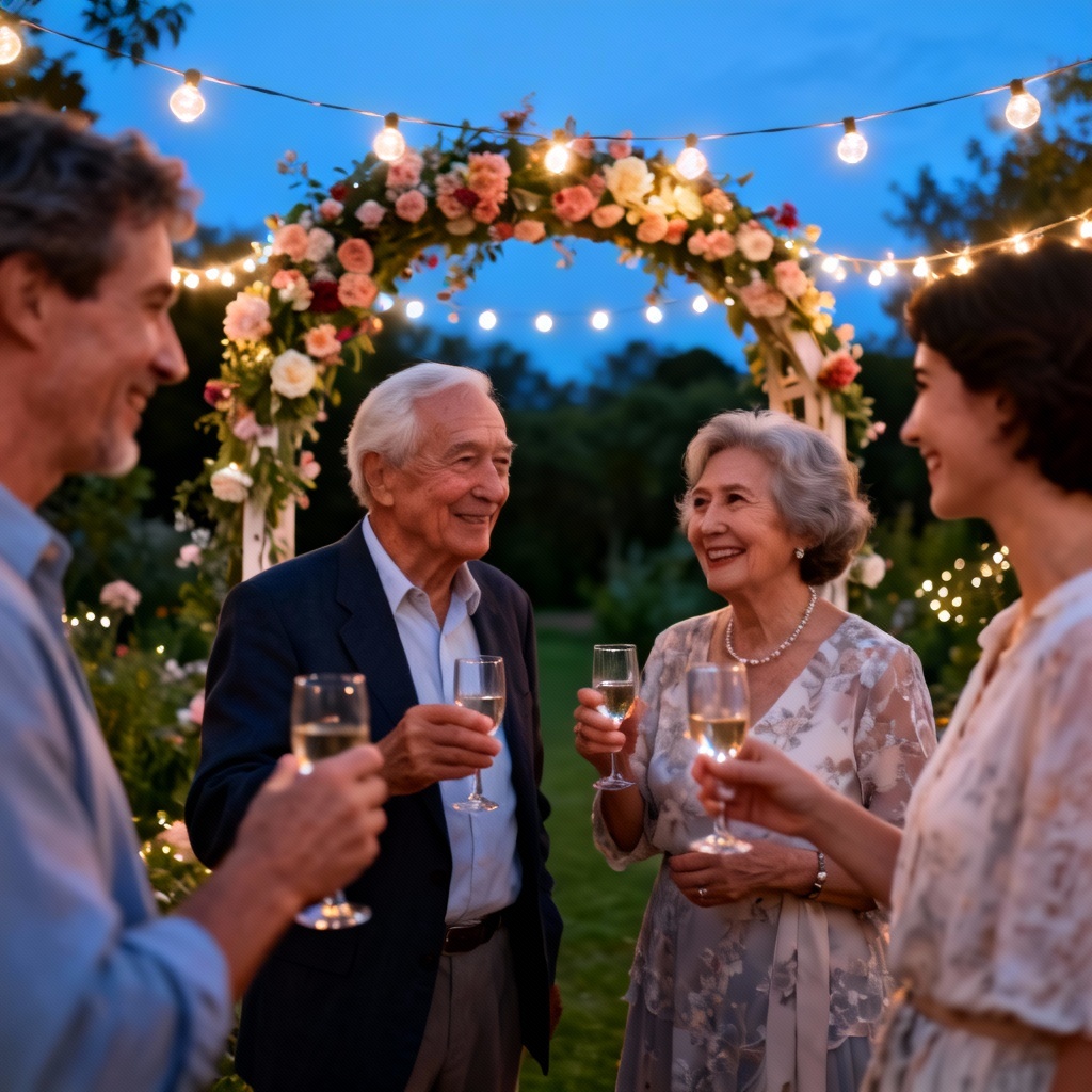 AI garden anniversary toast multigenerational family photo