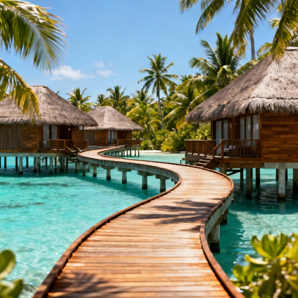 Eco resort with wooden villas connected by boardwalks
