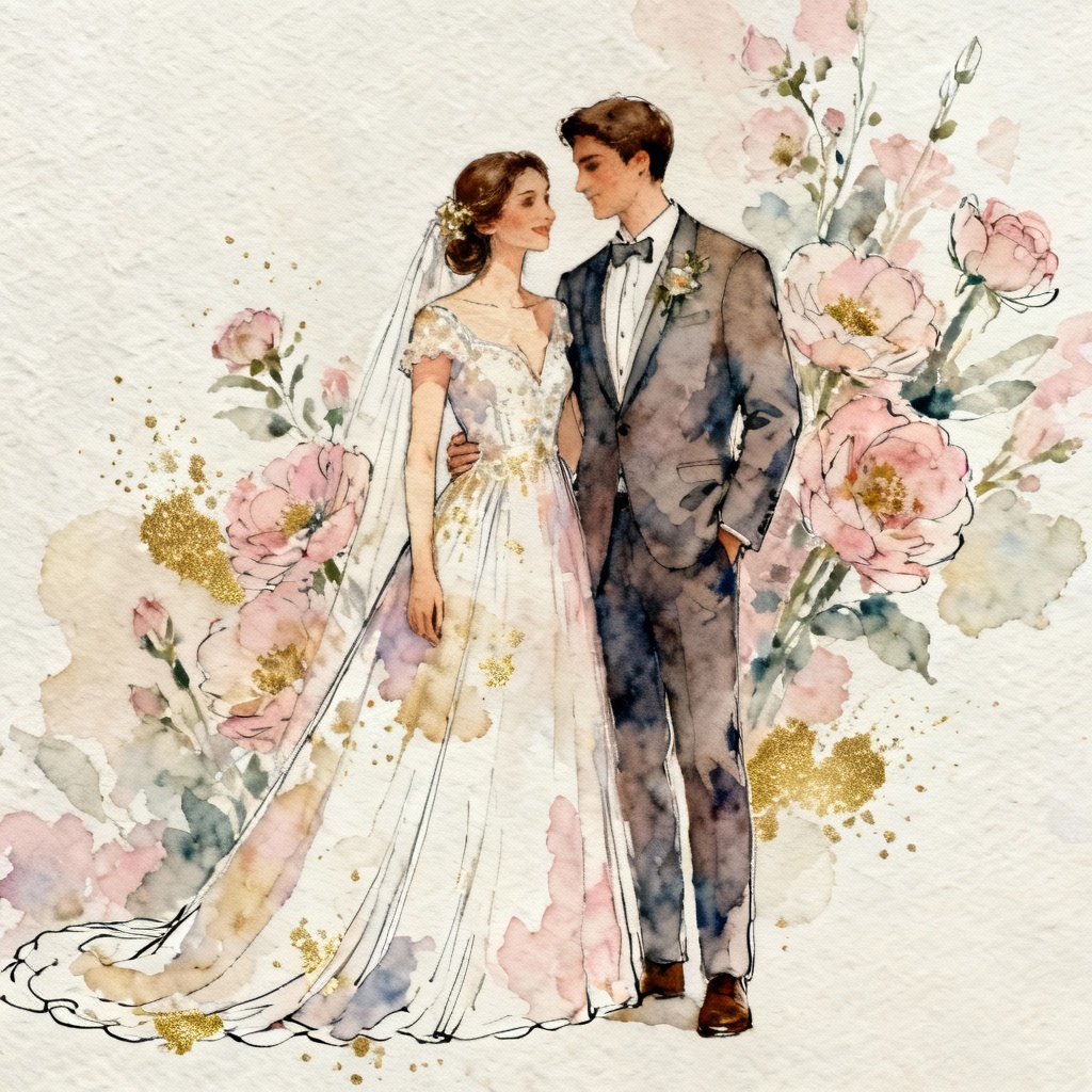 AI Watercolor Couple Wedding Portrait