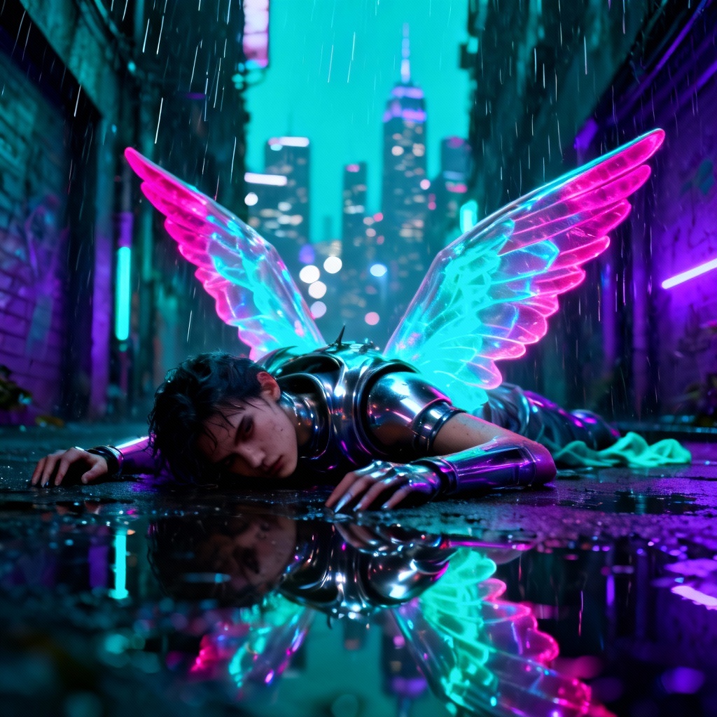 Cyberpunk fallen angel with neon wings in rain