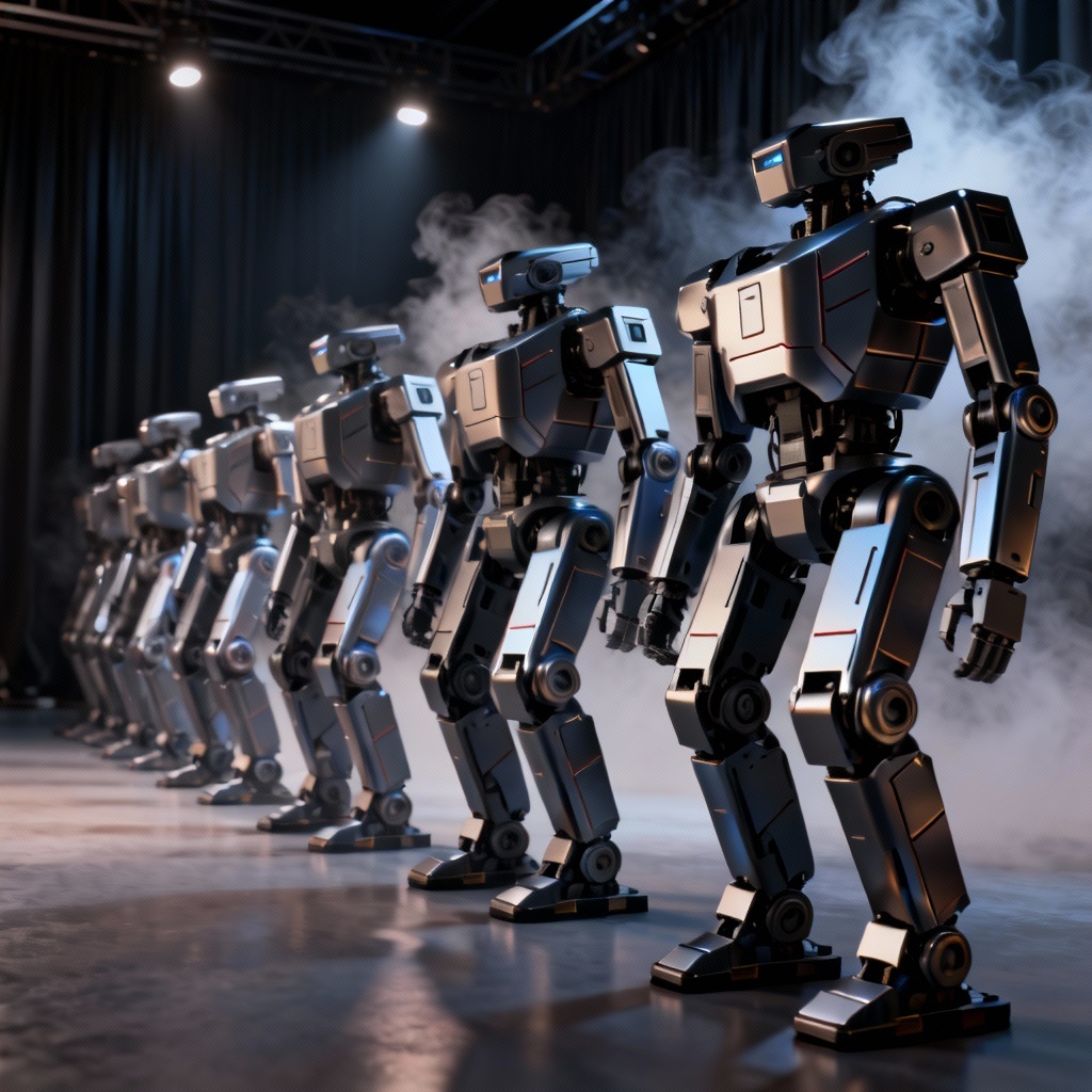 AI mecha robot toy lineup with dramatic lighting