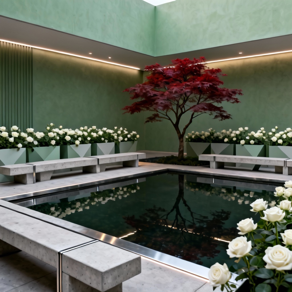 Modern minimalist courtyard with white roses and concrete