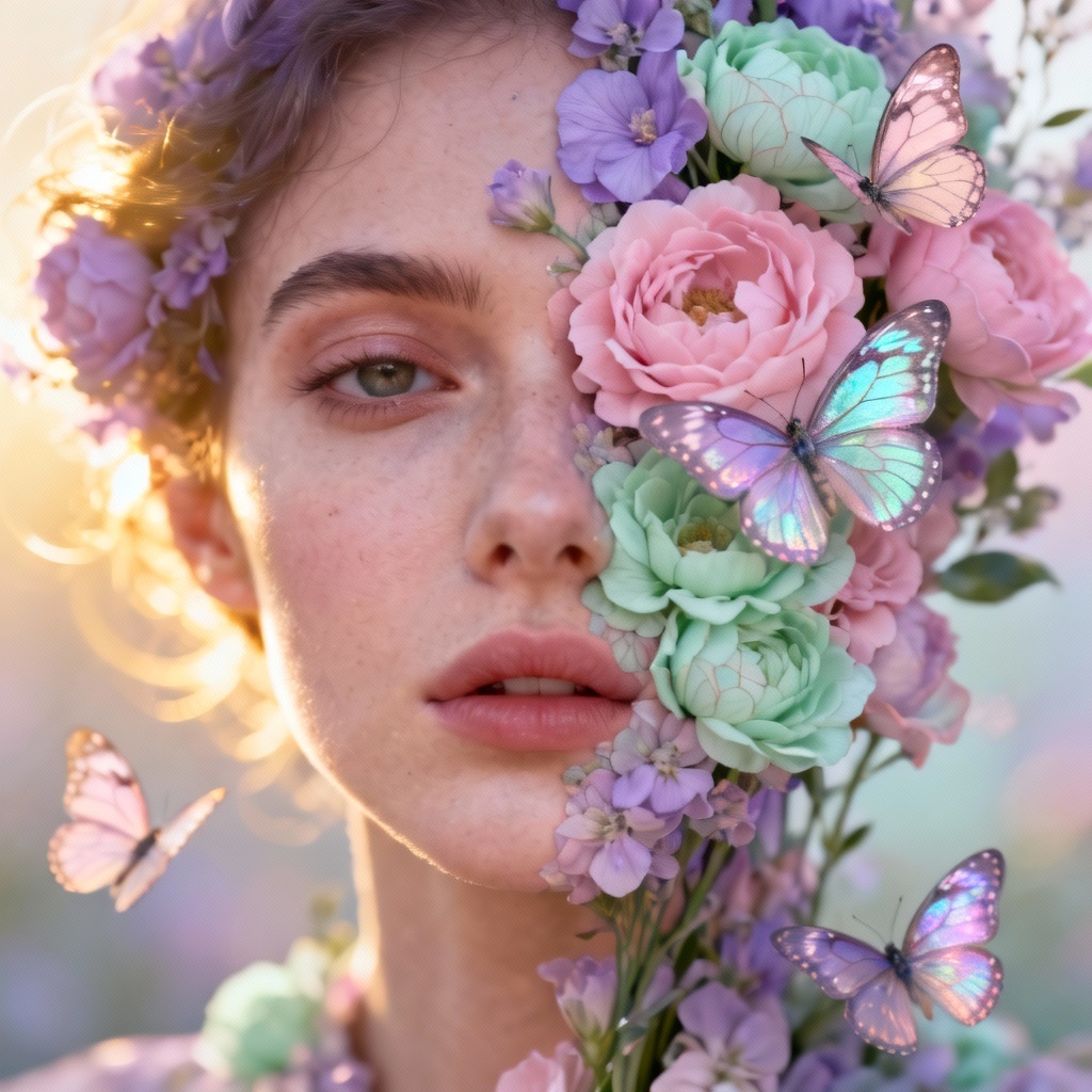 AI surreal floral morph portrait with butterflies