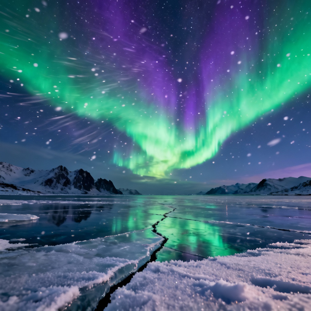 Aurora borealis over a frozen fjord with drifting snow