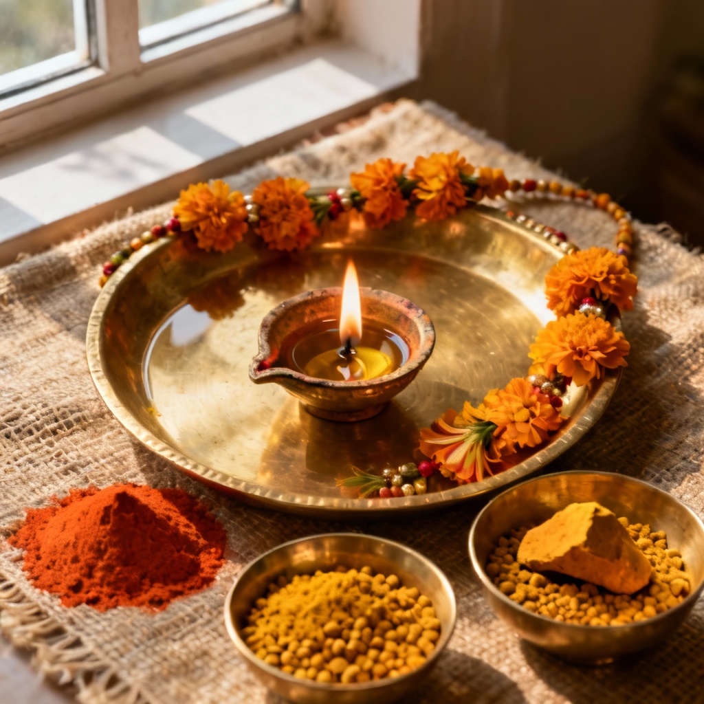 Puja thali with marigold garland