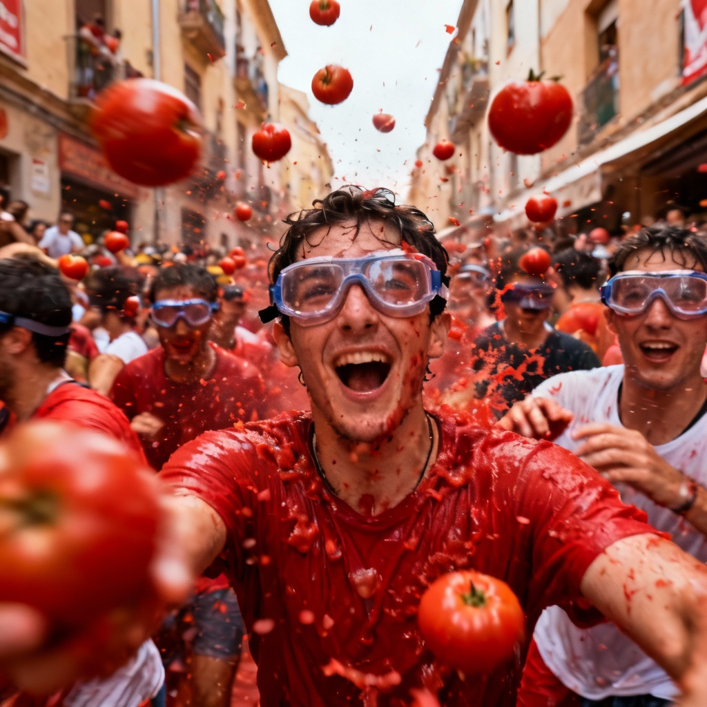 AI La Tomatina festival crowd throwing tomatoes