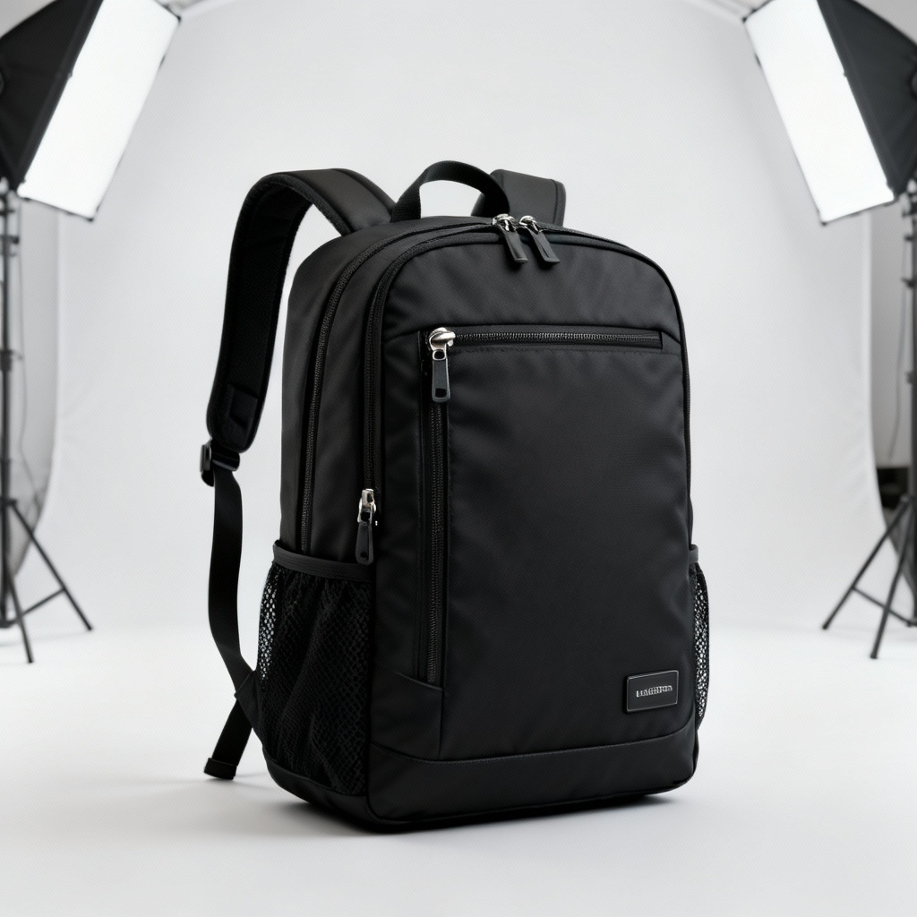 Photorealistic AI backpack product shot on white background