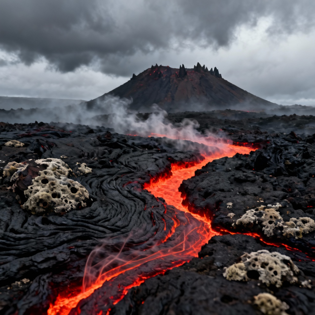 AI volcanic rocky lava field with steam vents