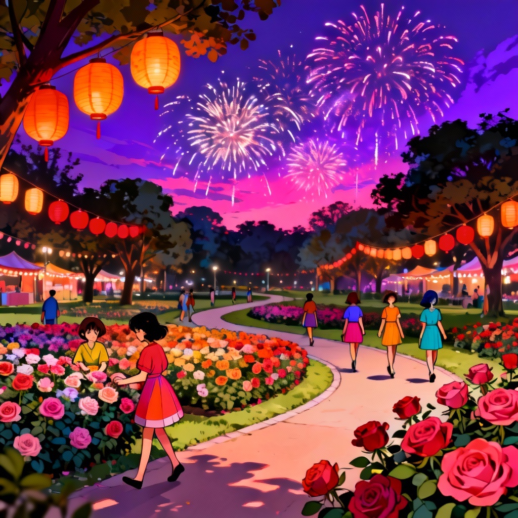 Anime-style rose festival park with lanterns and fireworks