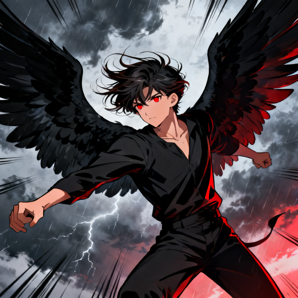 AI anime fallen angel prince with black wings