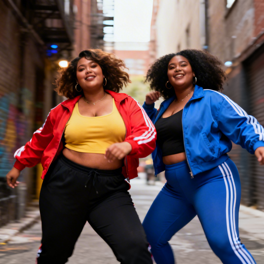 AI plus-size streetwear duo walking in the city