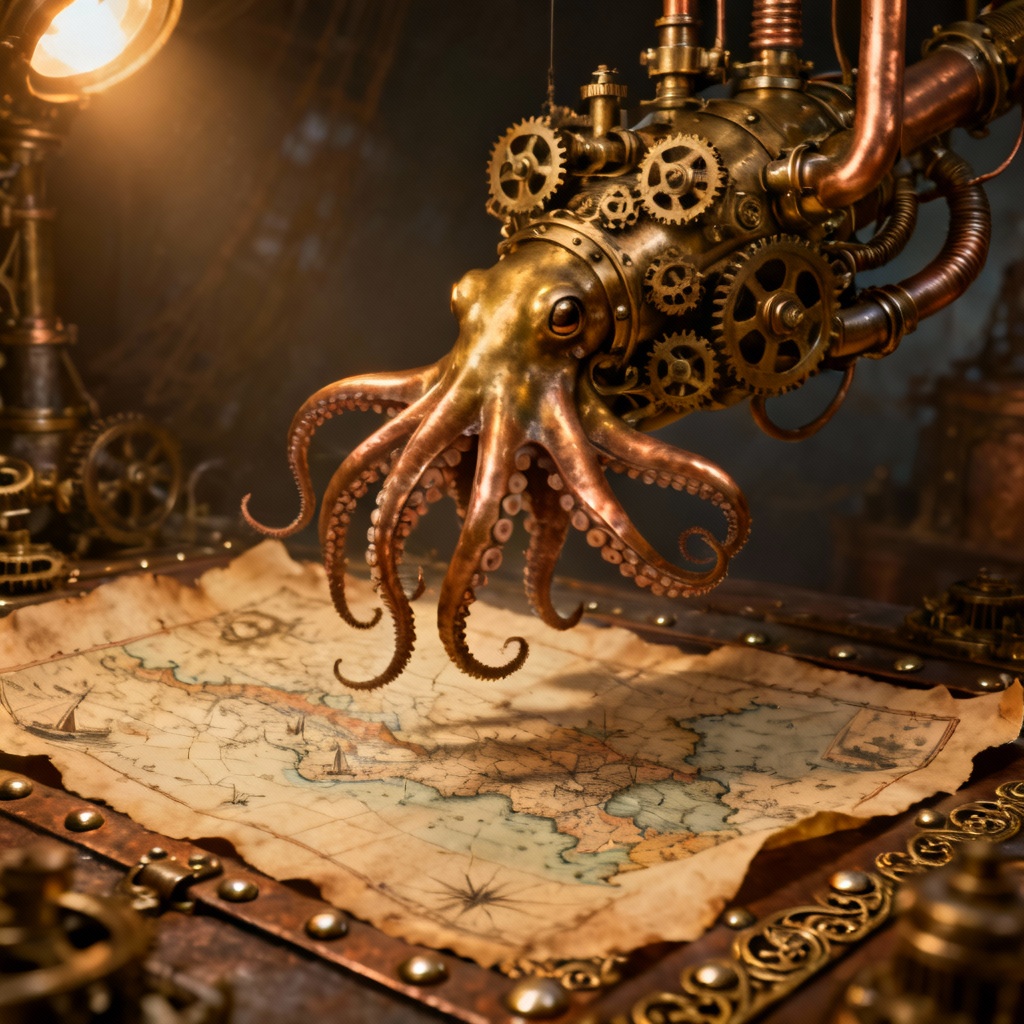 Steampunk mechanical squid concept art