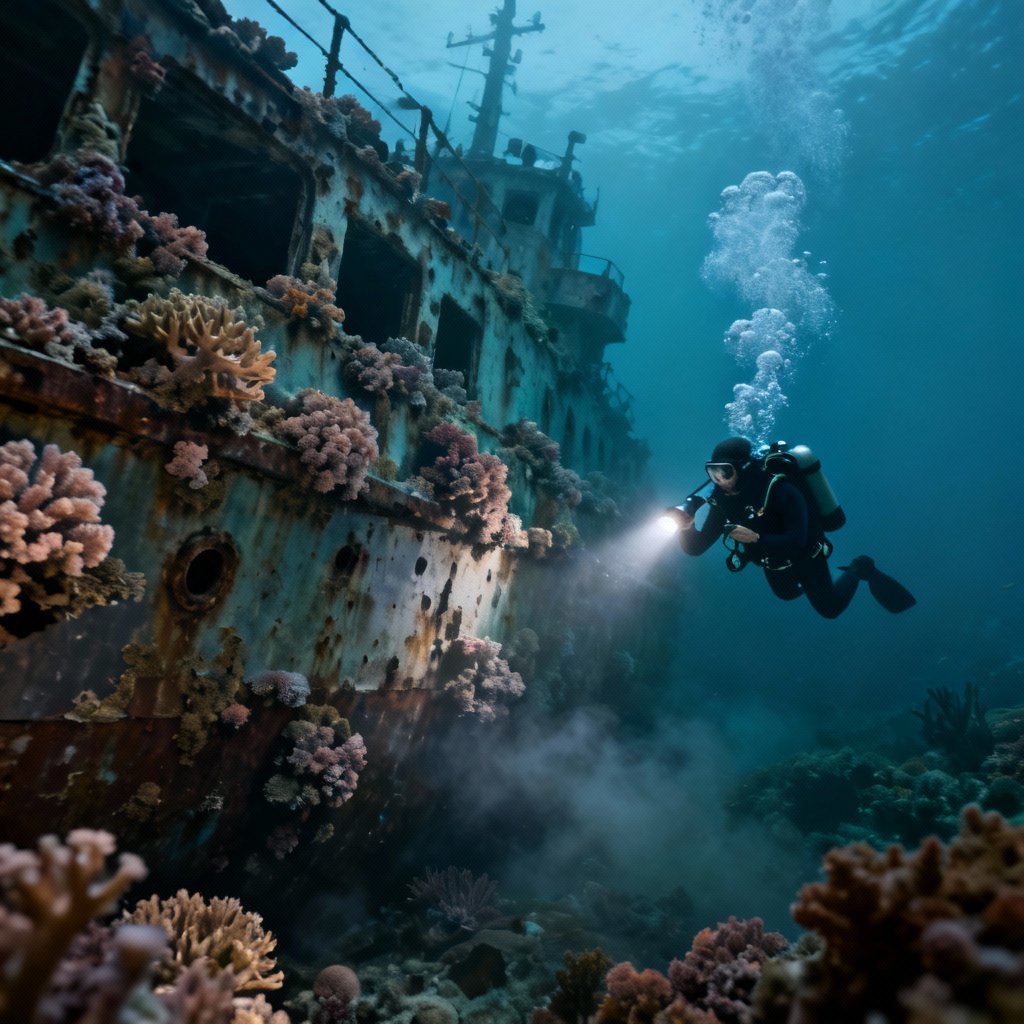 AI wreck diving scene with torchlight and silhouettes