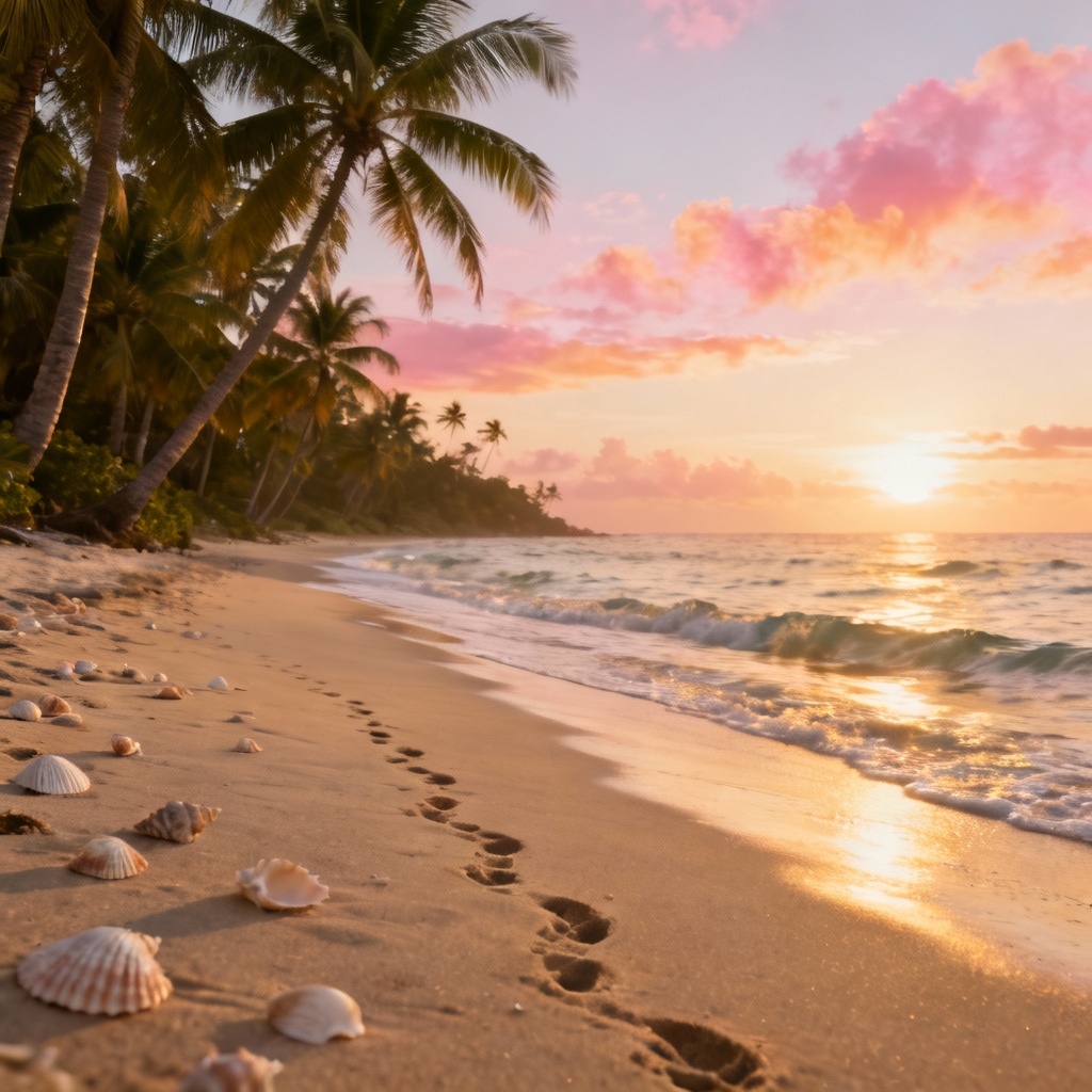 AI tropical beach background at sunrise with palm trees and waves