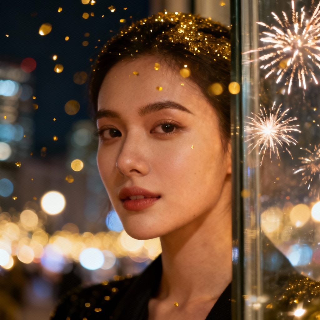 AI NYE sparkle filter with gold glitter and bokeh on portrait