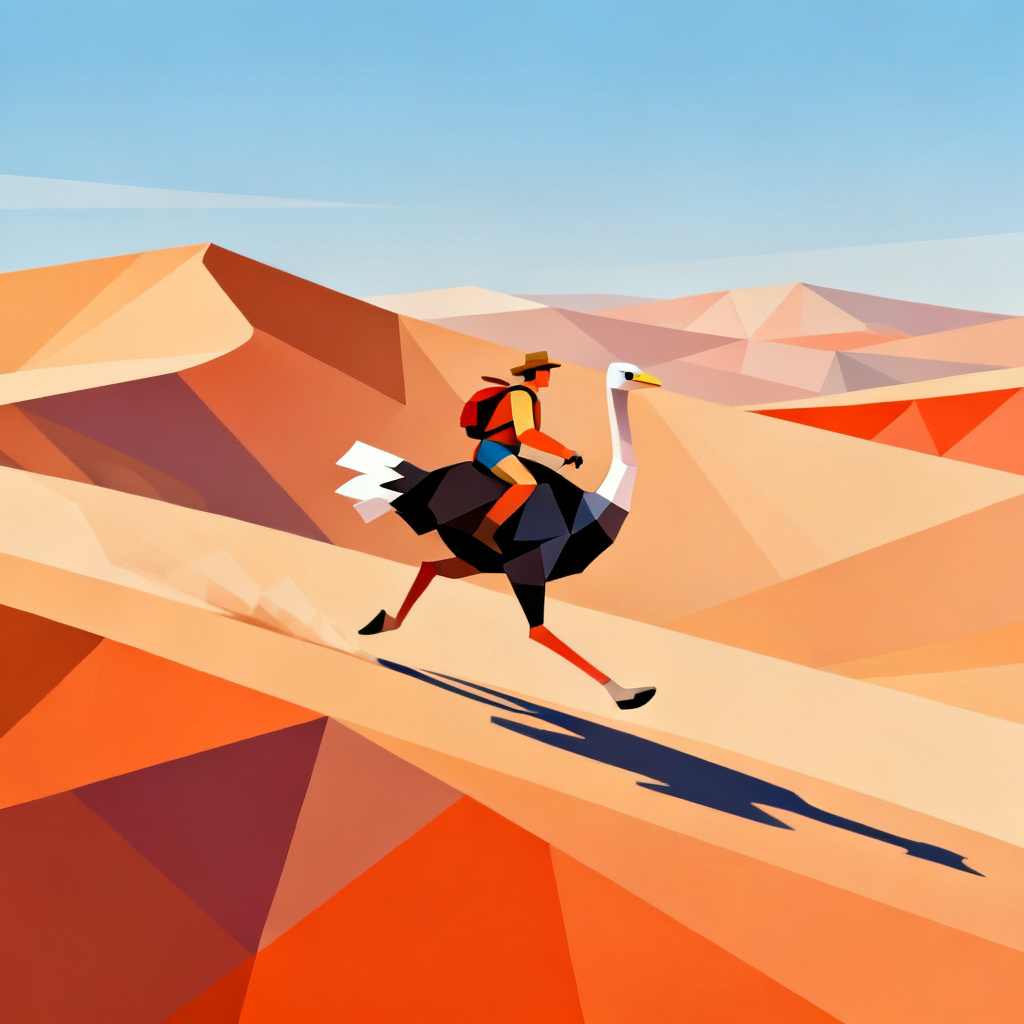 Low poly person riding an ostrich in desert
