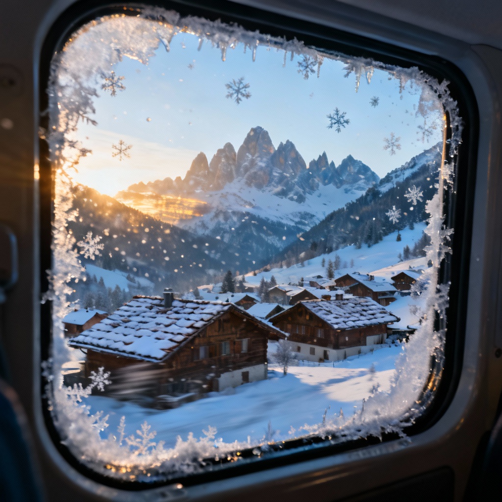 AI snowy alpine train window view over valley