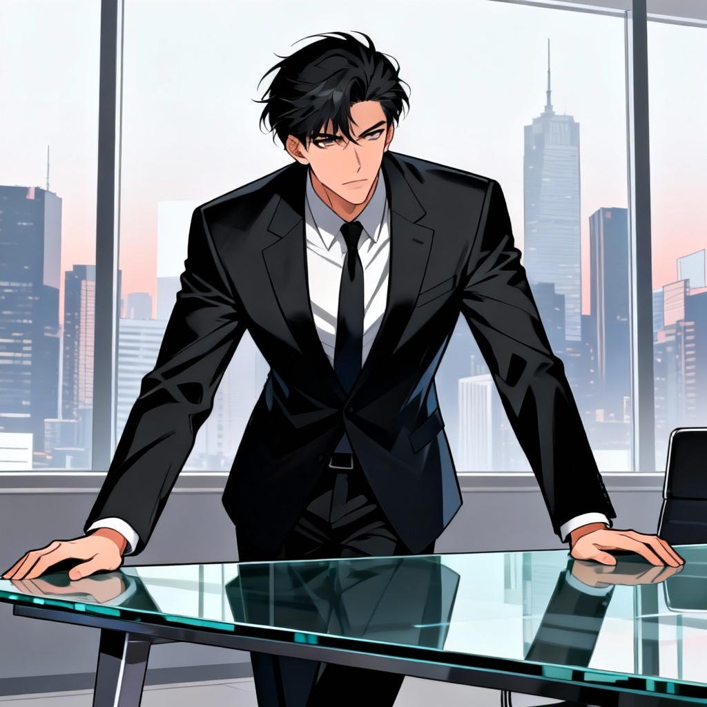 AI manhwa villain CEO in a modern boardroom
