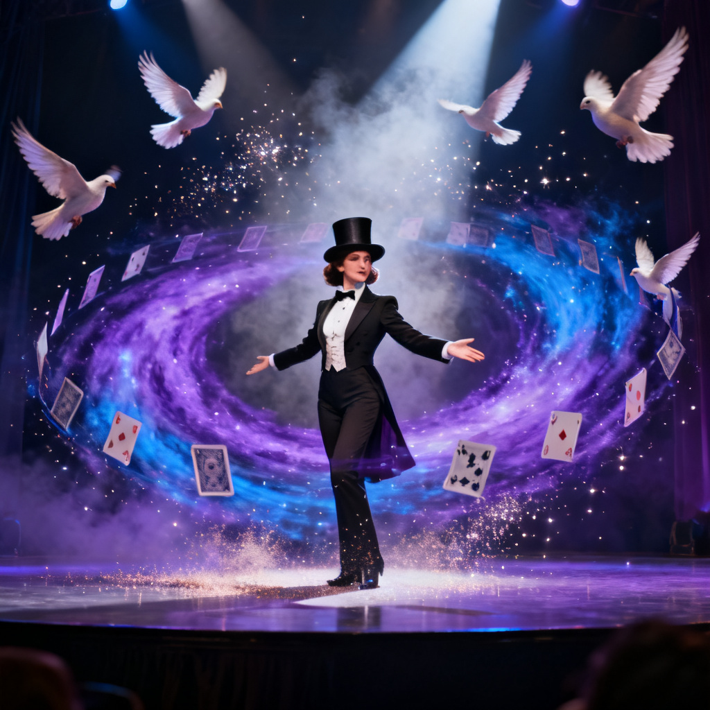 AI Zatanna-style grand finale spell with doves and cards