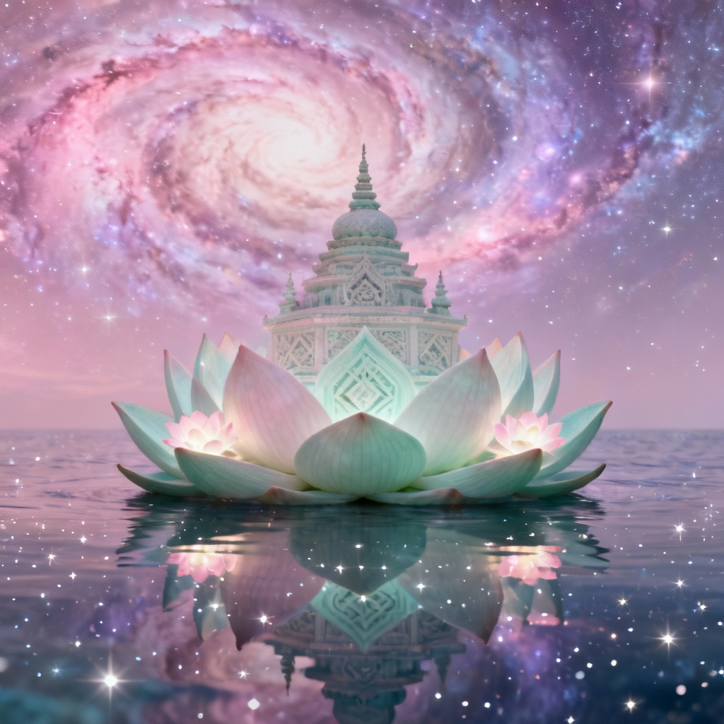 Lotus temple floating in a starry cosmos
