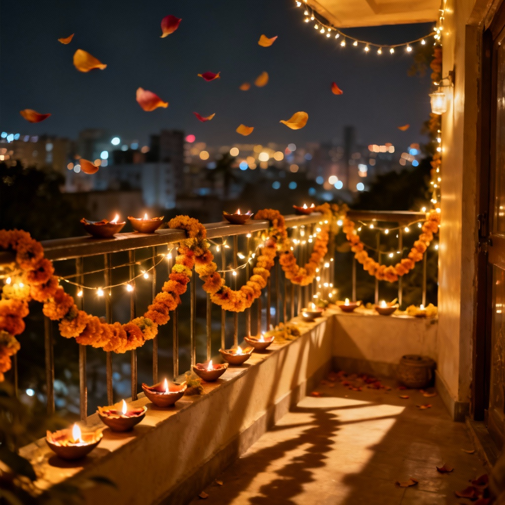 Diwali marigold garlands on balcony