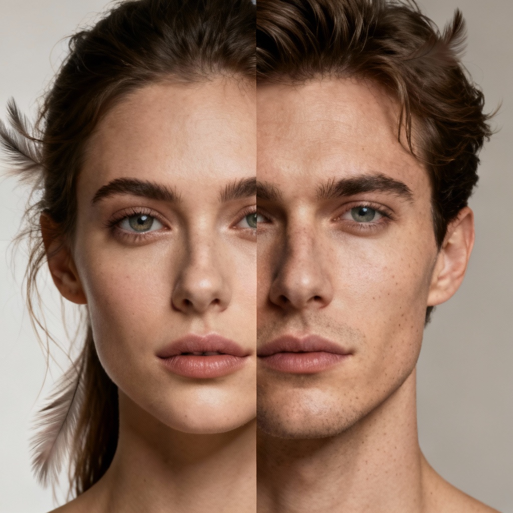 Half-and-half AI face blend of two aligned portraits