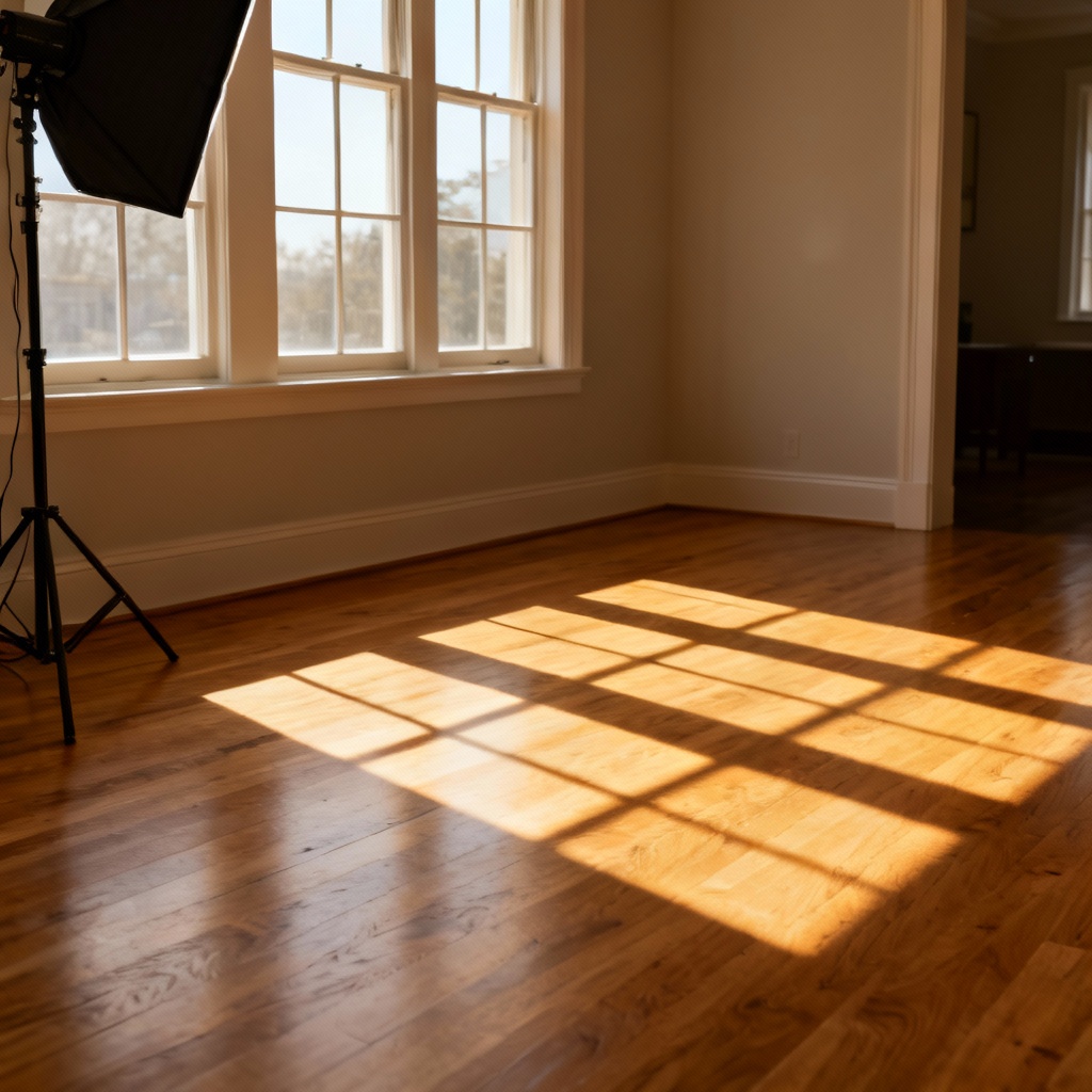 AI interior daylight simulation with south-facing window and floor shadows