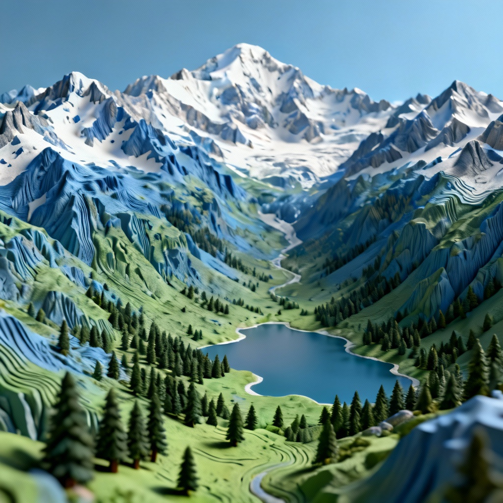 AI 3D relief map of alpine valley