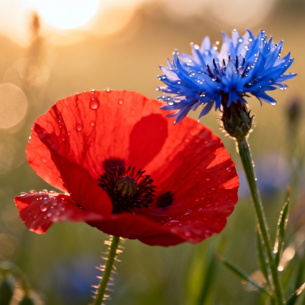 AI macro wildflowers at sunset with bokeh