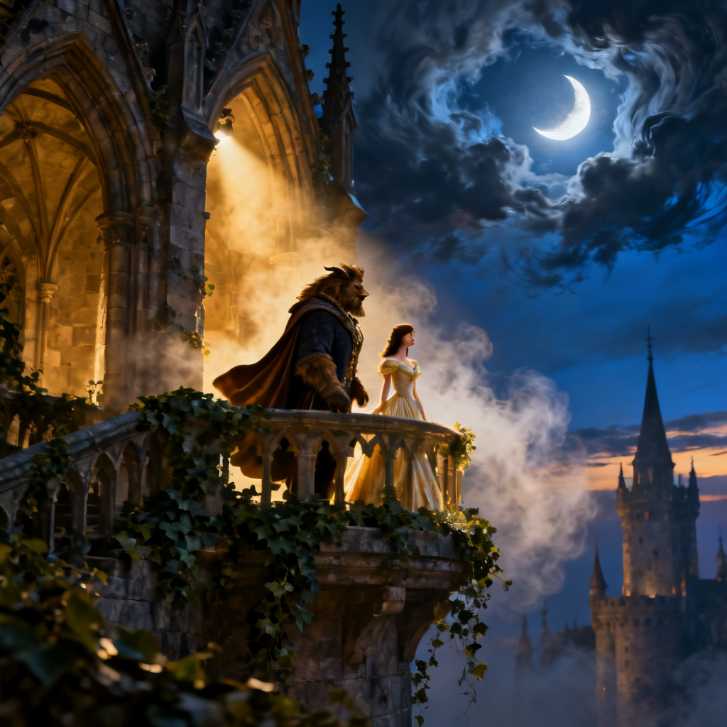 AI Beauty and Beast gothic castle scene