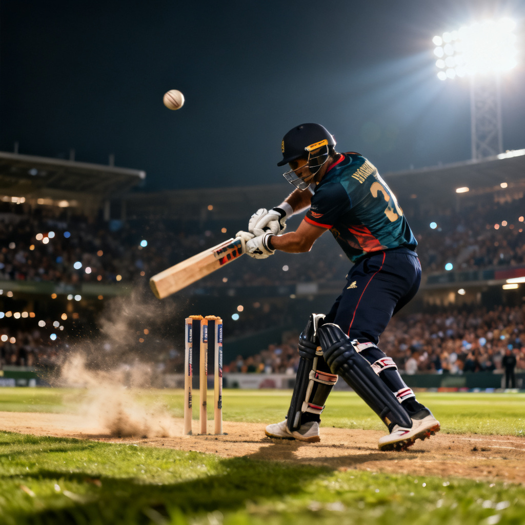 AI cricket action shot of batsman playing cover drive under stadium lights