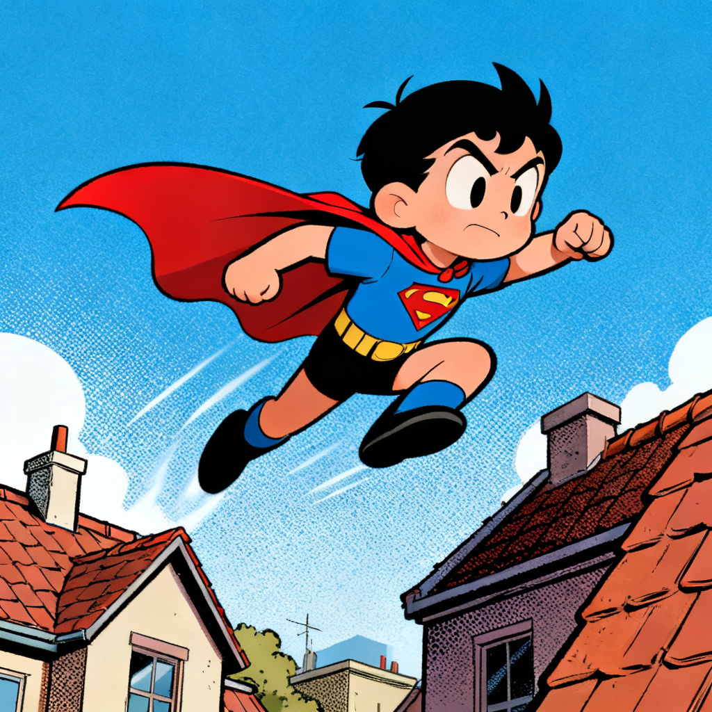 AI retro cartoon hero jumping across rooftops