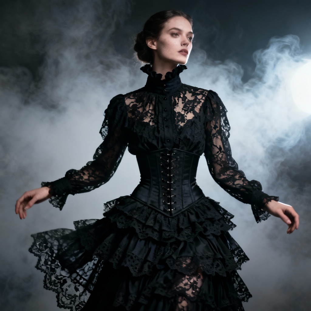 AI gothic lace outfit with high collar and layered skirt