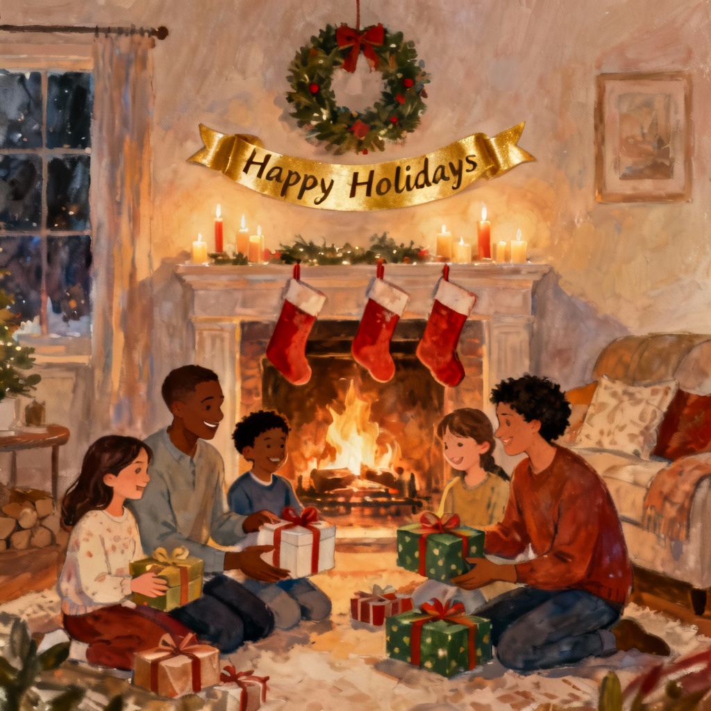 Family by fireplace happy holidays illustration