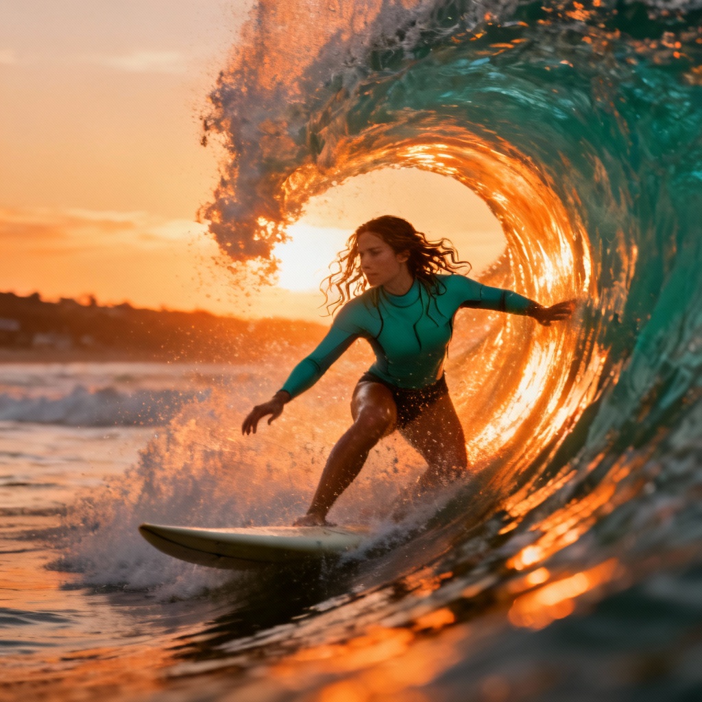 AI surfer girl riding a barrel wave at golden hour